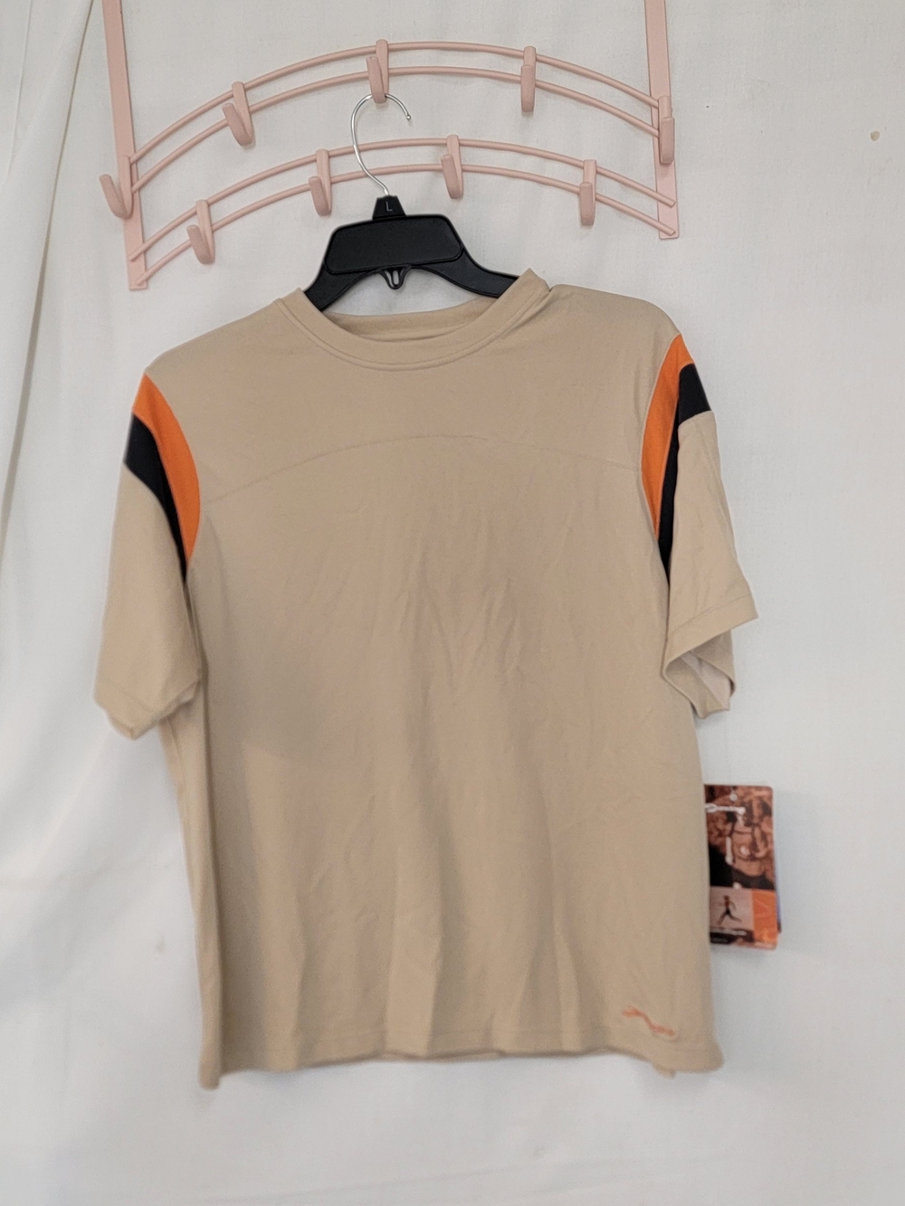 Brooks Beige Short Sleeve Tee with Orange & Black Shoulder Panels
